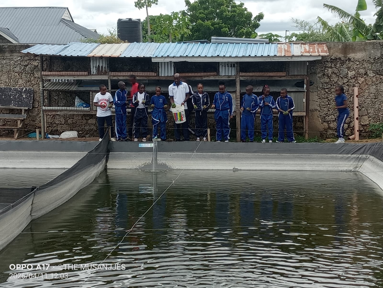 Learners feeding fish at the PHYG demonstration pond during a FESP school activity