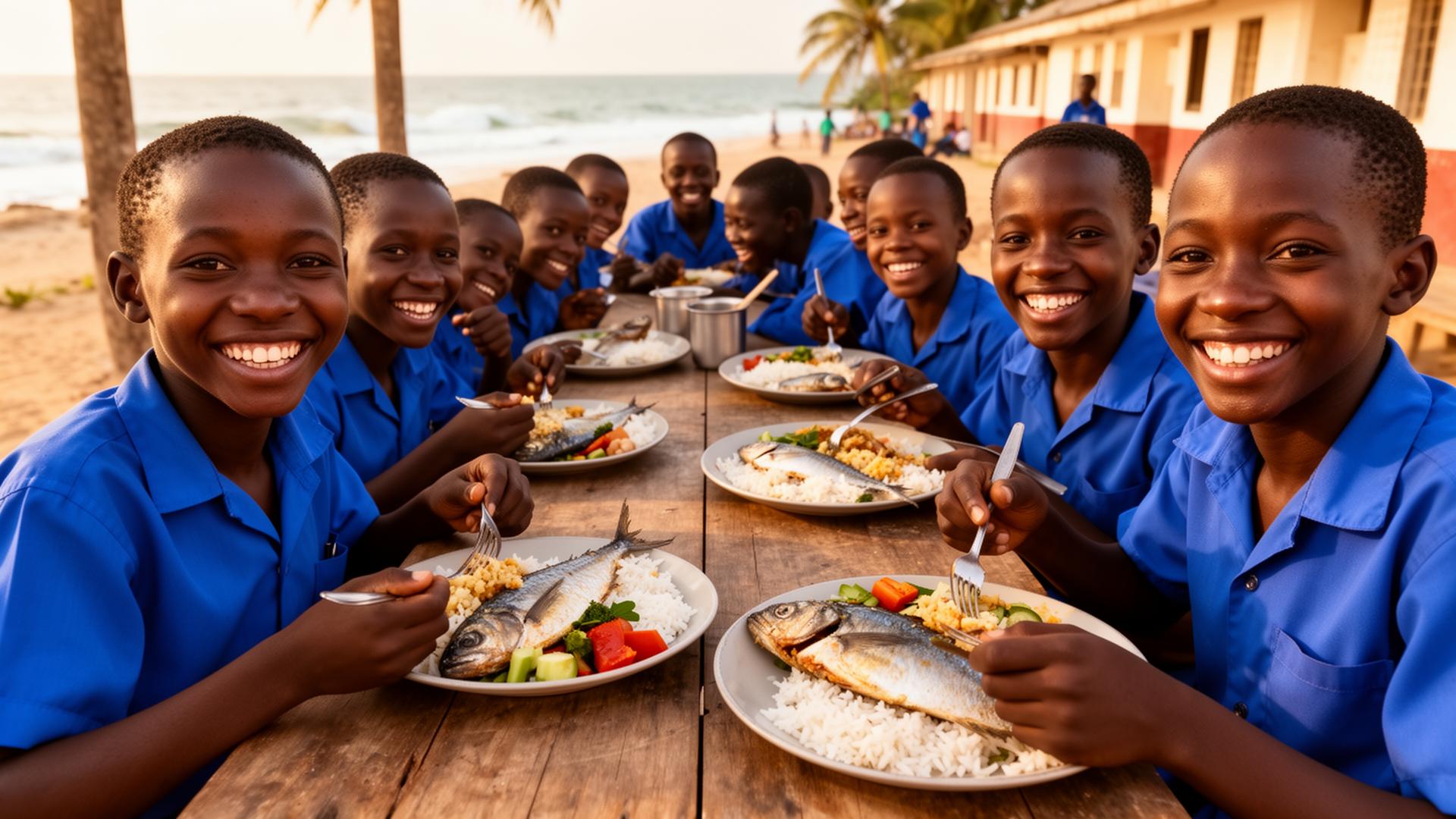 Coastal Kenyan schoolchildren enjoying a fish-and-rice school meal