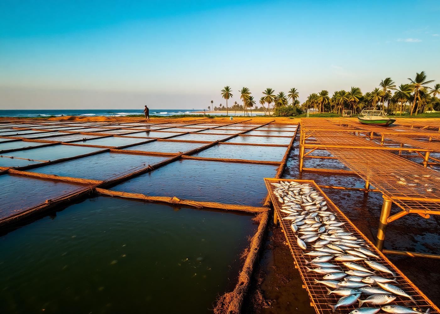 Coastal Kenyan aquaculture ponds with solar drying racks
