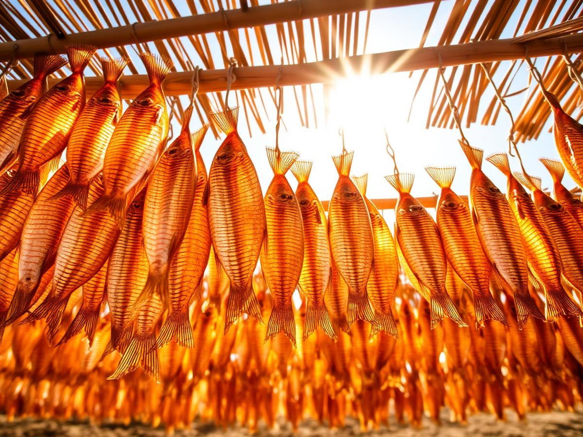 Solar-dried fish on bamboo racks under the coastal Kenyan sun